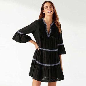 NWT Tommy Bahama Cotton Clip Embroidered Tiered Dress - Black XXS